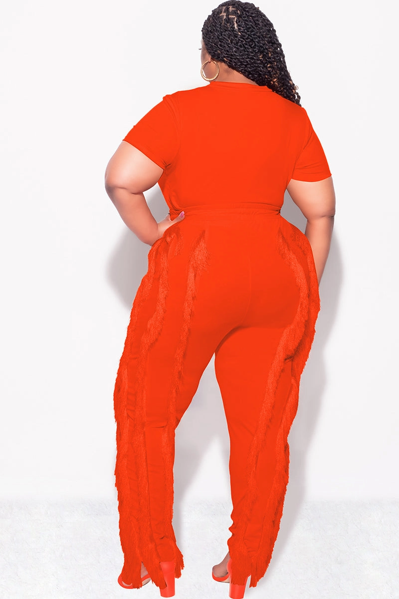Final Sale Plus Size 2pc Tassel Pant Set in Orange Chafe-Free Fit