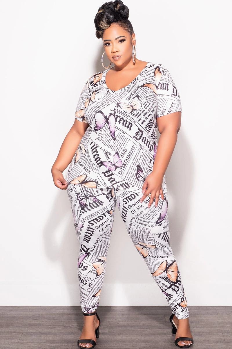 Sporty Look High Rise Final Sale Plus Size 2pc (Top & Pants) Set in Butterfly News Print