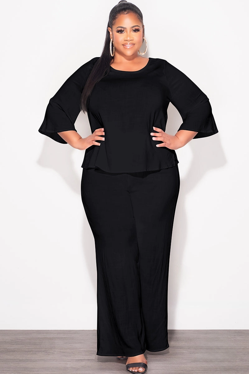 Final Sale Plus Size 2pc Top and Pants Set in Black Linen Sporty Comfort Wear Everyday Ease