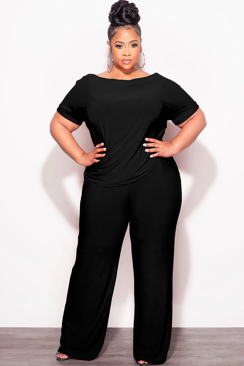 Tagless Labeling Stretch Comfort Final Sale Plus Size 2pc Top and Pants Set in Black