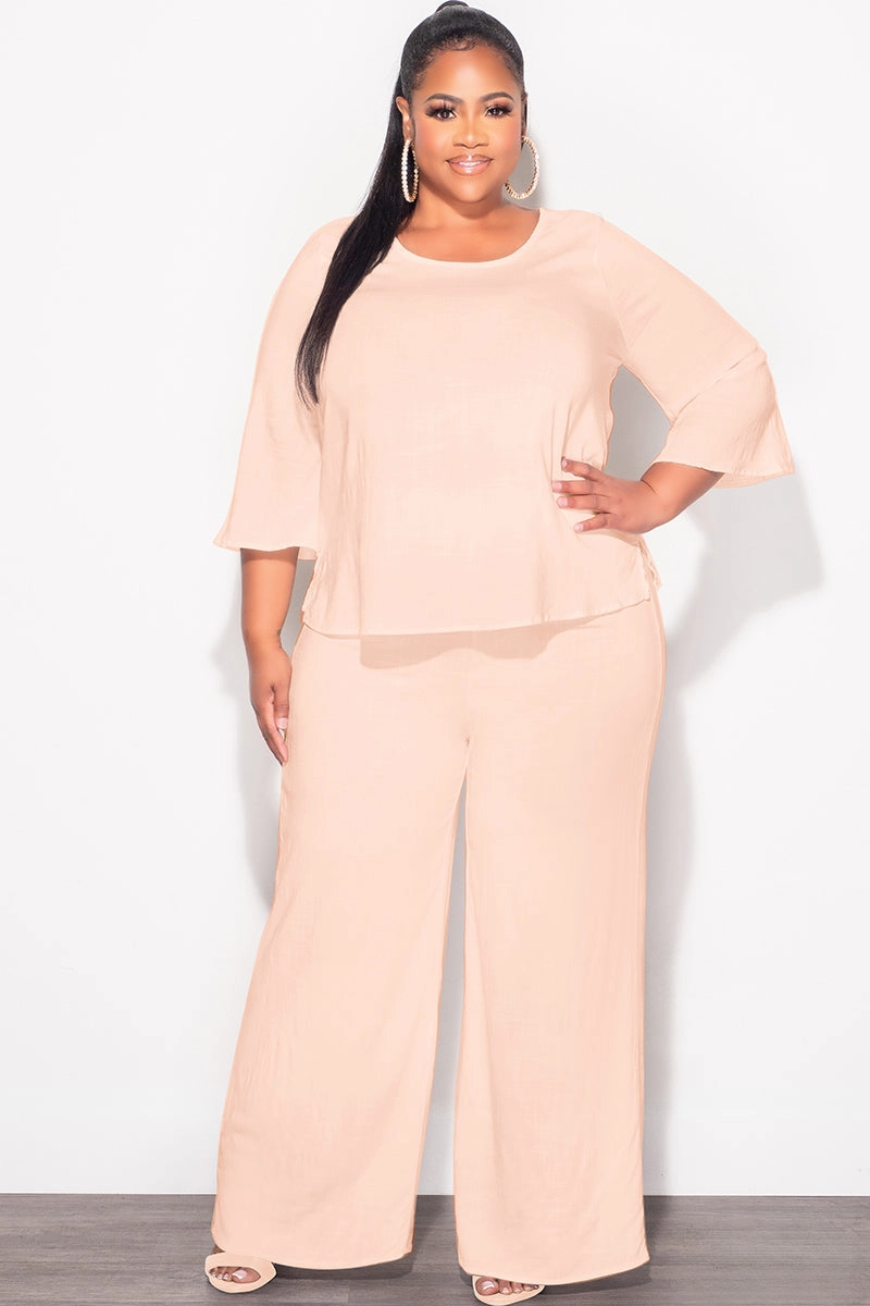 NonIrritatingSeams HeatRegulating Final Sale Plus Size 2pc Top and Pants Set in Cappuccino Tan Linen