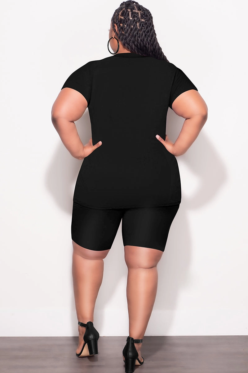 Dark wash Durable Seam Construction Final Sale Plus Size 2pc V Neck Biker Shorts Set in Black