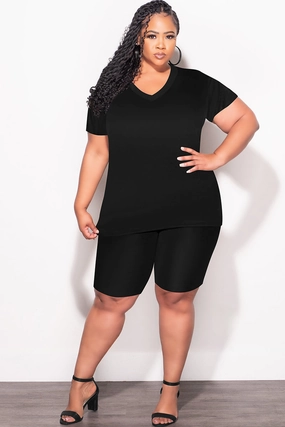 Final Sale Plus Size 2pc V Neck Biker Shorts Set in Black Comfy Style