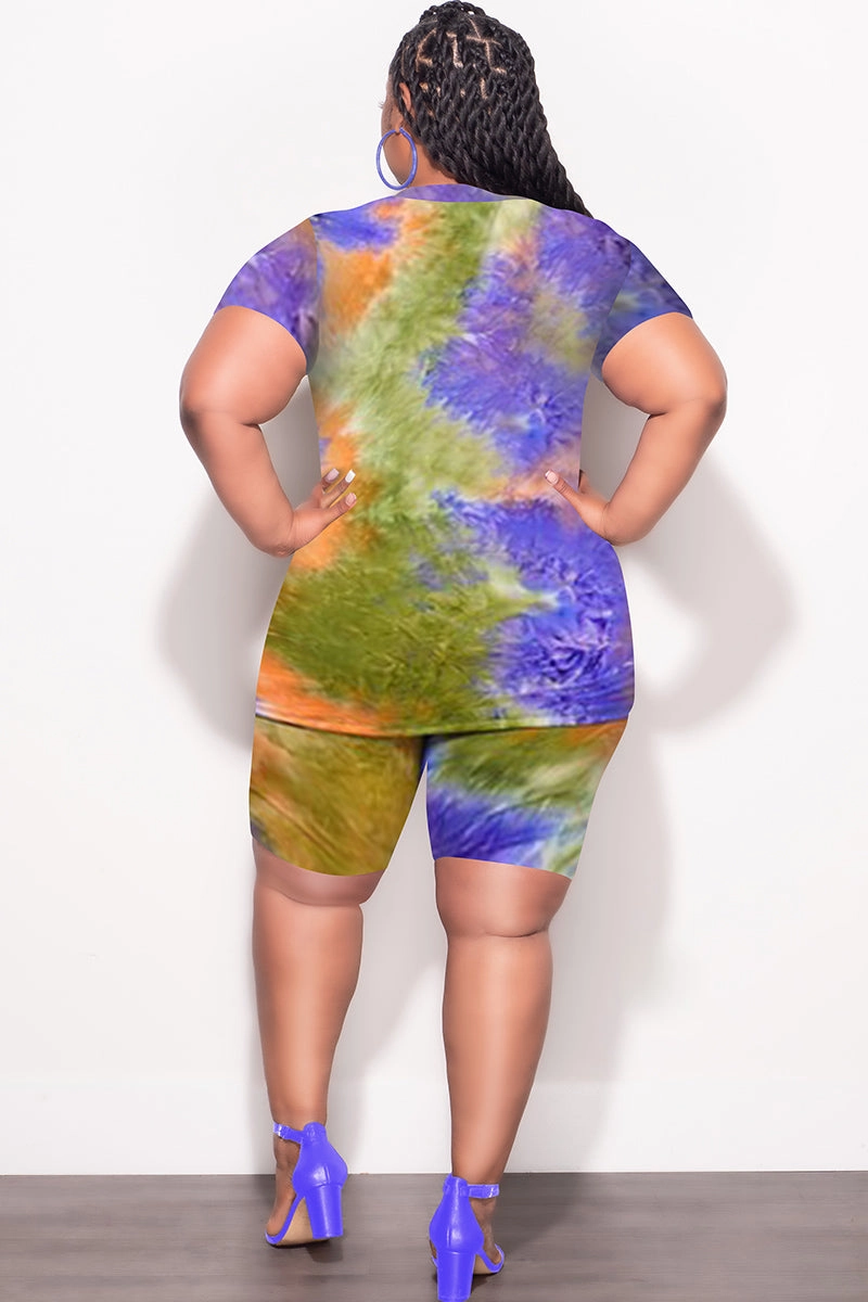 No Ride Up Final Sale Plus Size 2pc V Neck Biker Shorts Set in Purple Olive & Orange Tie Dye Print