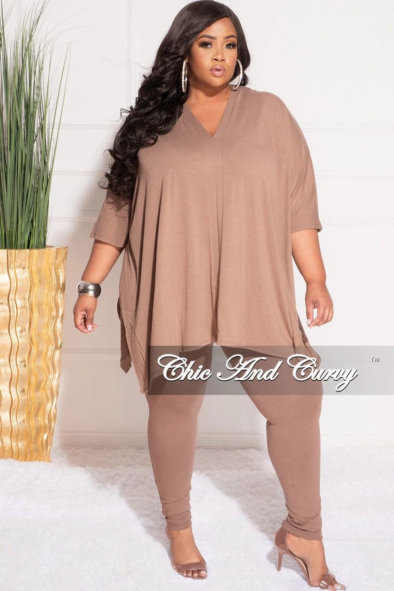 Moisture Wicking Technology Low Bulk Design Final Sale Plus Size 2pc V Neck Tunic Top and Matching Legging Set in Brown