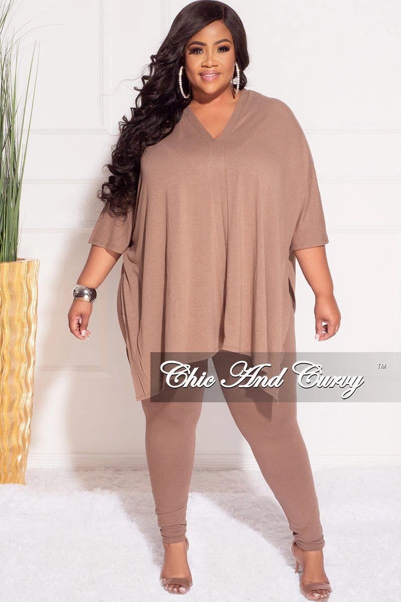 Final Sale Plus Size 2pc V Neck Tunic Top and Matching Legging Set in Brown Stay Dry Breathable mesh design