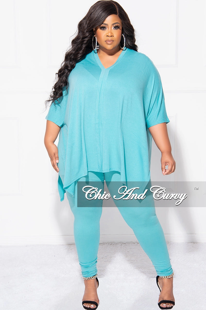 Final Sale Plus Size 2pc V Neck Tunic Top and Matching Legging Set in Mint Blue Casual Movement Quick Motion