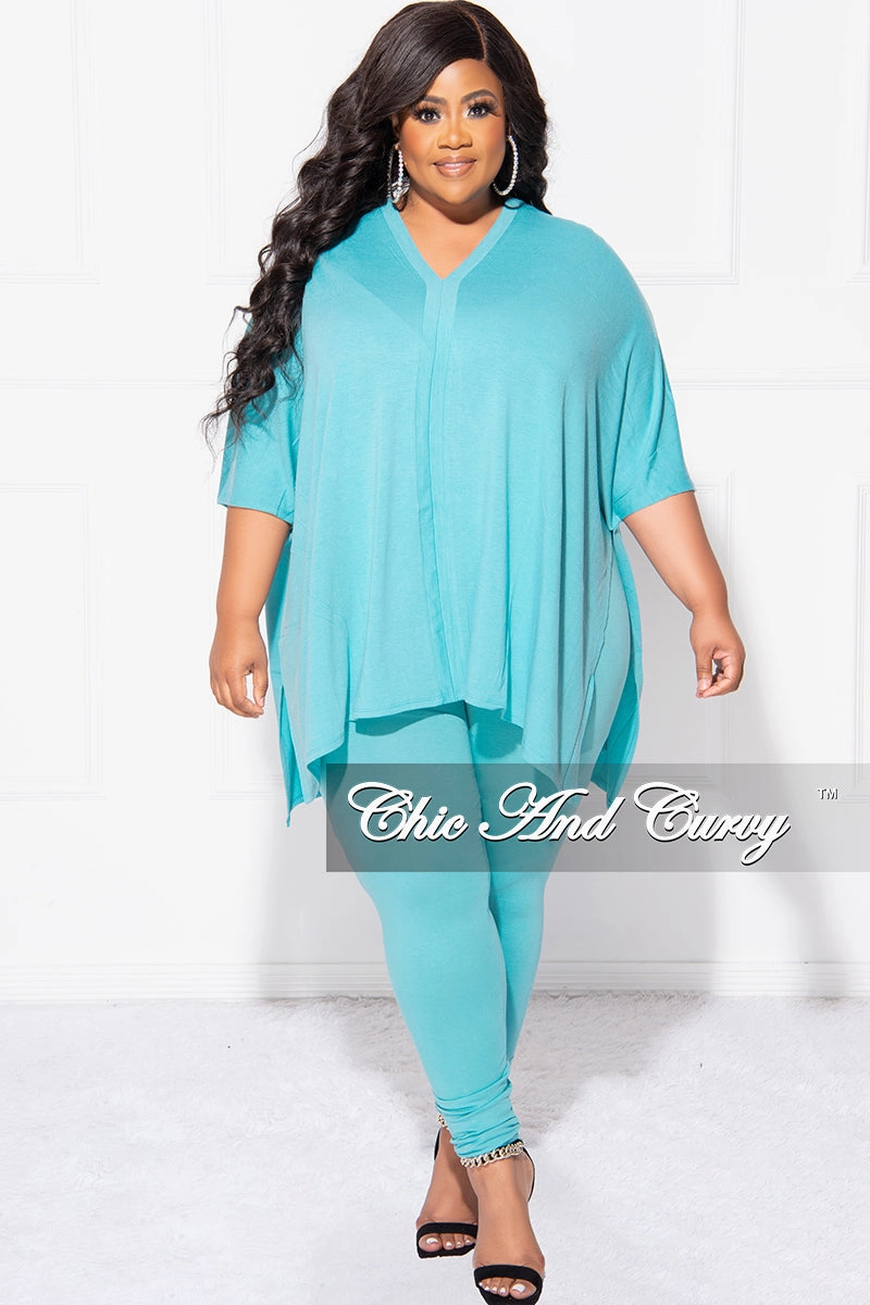 Final Sale Plus Size 2pc V Neck Tunic Top and Matching Legging Set in Mint Blue Long Wear Training Comfort