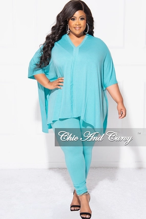 Outdoor Lifestyle Active Comfort Wear Final Sale Plus Size 2pc V Neck Tunic Top and Matching Legging Set in Mint Blue