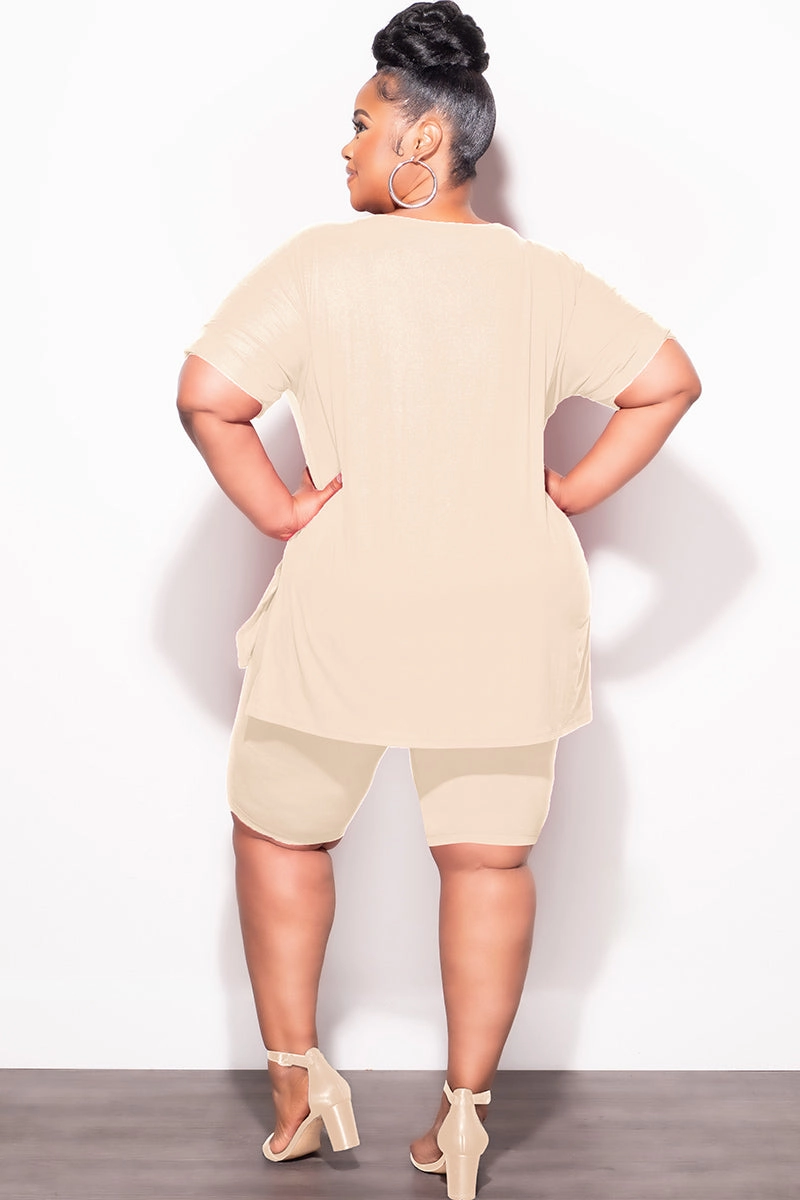 All Purpose Wear Final Sale Plus Size 2pc V-Neck Tunic Top and Matching Shorts Set in Beige