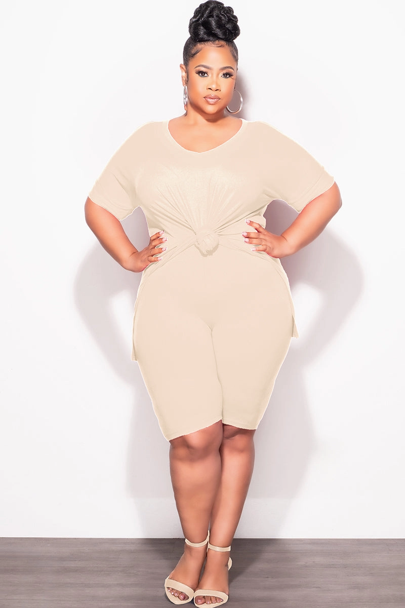 hypoallergenic material Adjustable Drawcord Final Sale Plus Size 2pc V-Neck Tunic Top and Matching Shorts Set in Beige