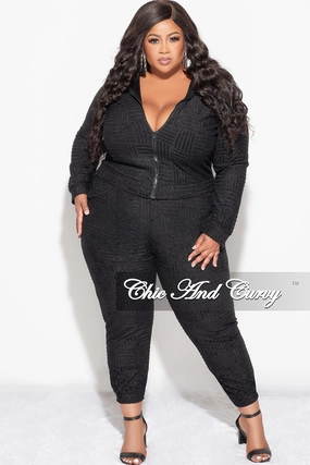 WrinkleFreeFinish Minimalist Waist Final Sale Plus Size 2pc Velvet Hooded Zip-Up Jacket and Pants Set in Black