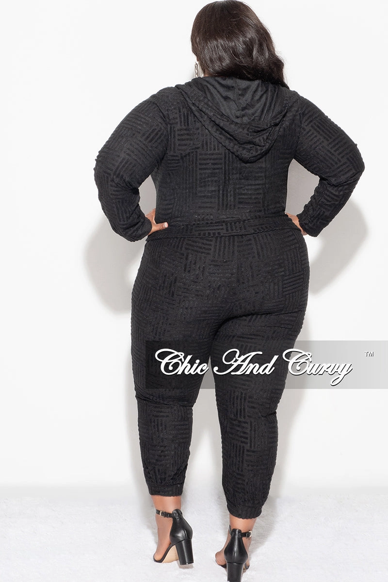 Final Sale Plus Size 2pc Velvet Hooded Zip-Up Jacket and Pants Set in Black Non Irritating Seams