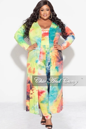 Ultra Soft Final Sale Plus Size 3-pc (Duster, Crop Tank Top & Pants) Set in Dark Firework Tie Dye