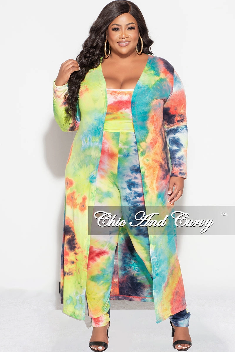 Soft Material Final Sale Plus Size 3-pc (Duster, Crop Tank Top & Pants) Set in Dark Firework Tie Dye
