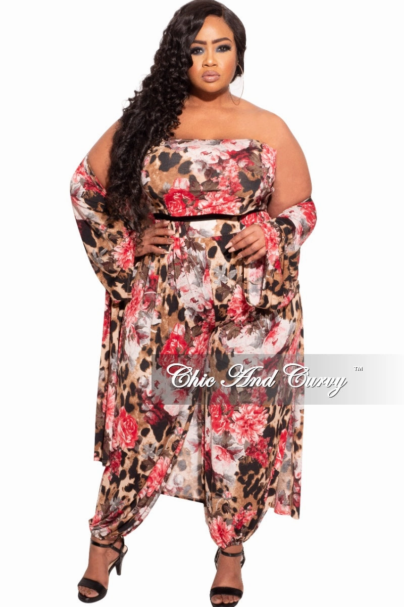 Mesh Panel Final Sale Plus Size 3-Piece (Duster, Bandeau Top and Pants) Set in Animal Print with Pink Flowers