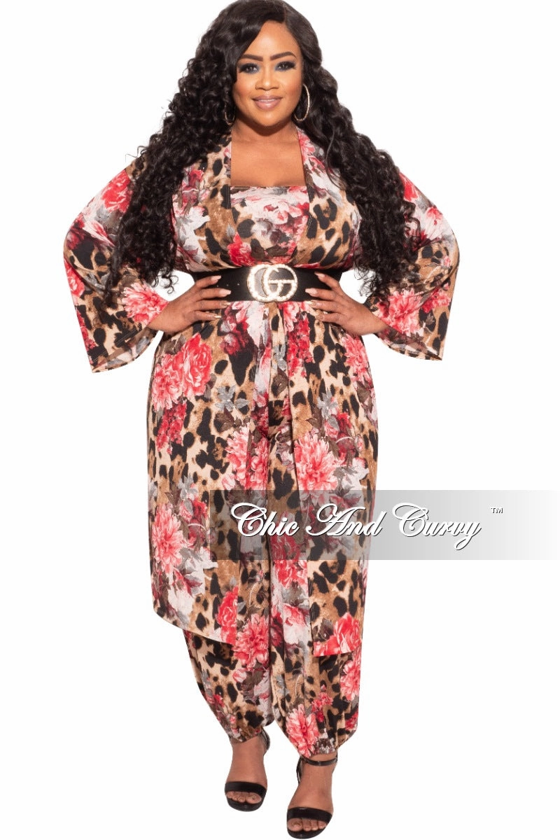 Final Sale Plus Size 3-Piece (Duster, Bandeau Top and Pants) Set in Animal Print with Pink Flowers TaglessDesign Stylish Layers