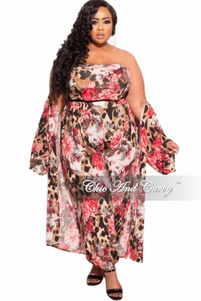 Final Sale Plus Size 3-Piece (Duster, Bandeau Top and Pants) Set in Animal Print with Pink Flowers EcoFriendlyDye