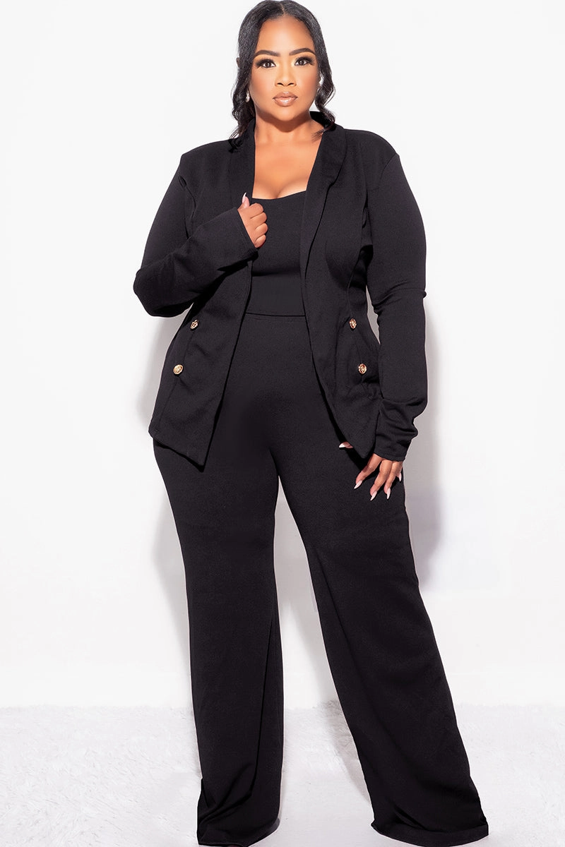 Essential Comfort Breathable Wear Fit Final Sale Plus Size 3pc Blazer Top and Pants Set in Black