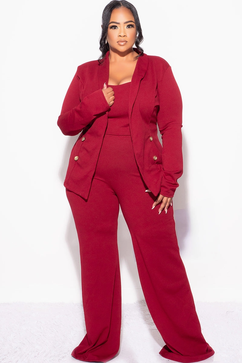 Final Sale Plus Size 3pc Blazer Top and Pants Set in Burgundy Stretch waistband
