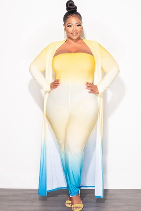 Minimal Stretch Fit Carbon Infused Fabric Final Sale Plus Size 3pc (Duster, Bandeau Top & Pants) Set in Yellow & Turquoise Ombre