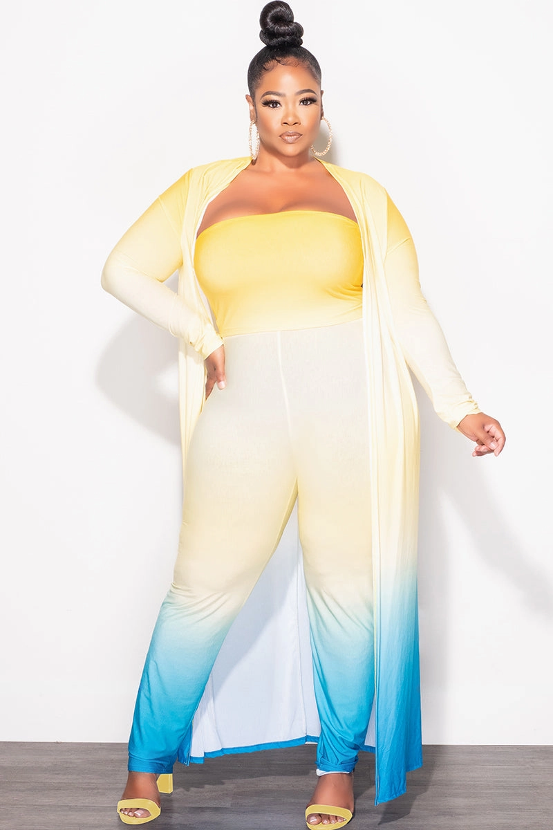 Final Sale Plus Size 3pc (Duster, Bandeau Top & Pants) Set in Yellow & Turquoise Ombre AntibacterialCoating