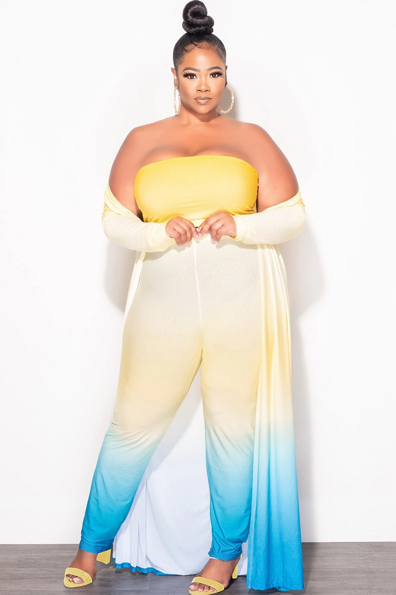 Comfort Design Final Sale Plus Size 3pc (Duster, Bandeau Top & Pants) Set in Yellow & Turquoise Ombre