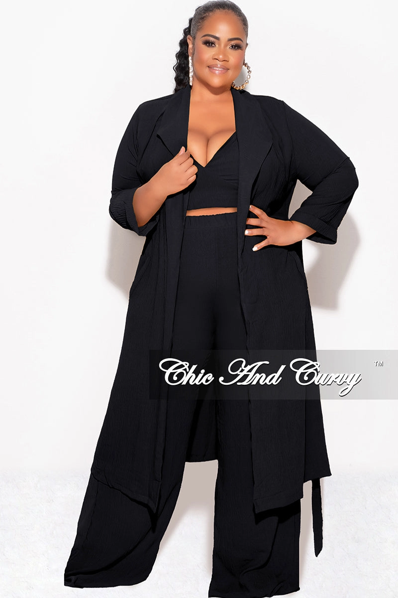 Final Sale Plus Size 3pc (Duster, Crop Self Tie Top & Pants) Set in Black Non Tapered Leg