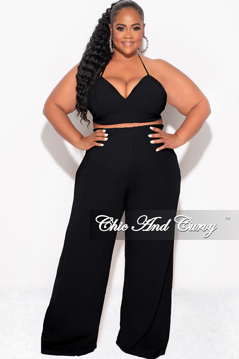 Easy Fit Final Sale Plus Size 3pc (Duster, Crop Self Tie Top & Pants) Set in Black