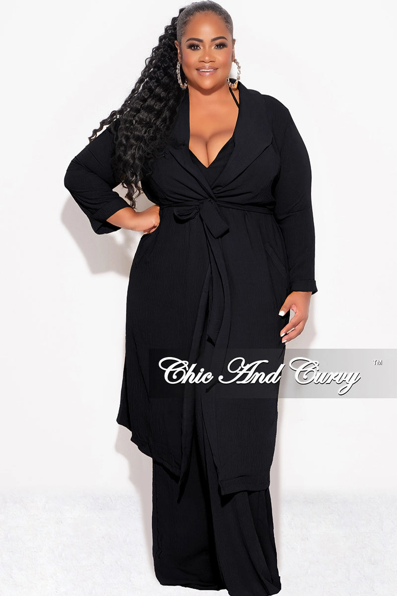 SmoothZipClosure Organic Cotton Blend Final Sale Plus Size 3pc (Duster, Crop Self Tie Top & Pants) Set in Black