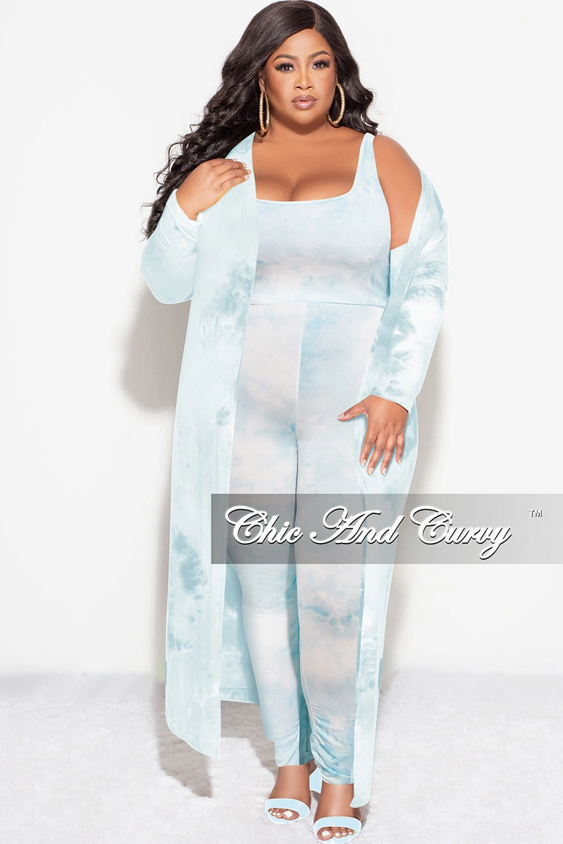 Final Sale Plus Size 3pc (Duster, Crop Tank Top & Pants) Set in Blue Cloud Print Flexible Layer