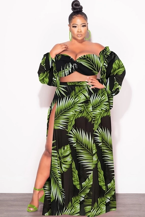 SmoothZipper Timeless Layers Final Sale Plus Size 3pc Playsuit Set in Navy with Olive Tropical Palm Print