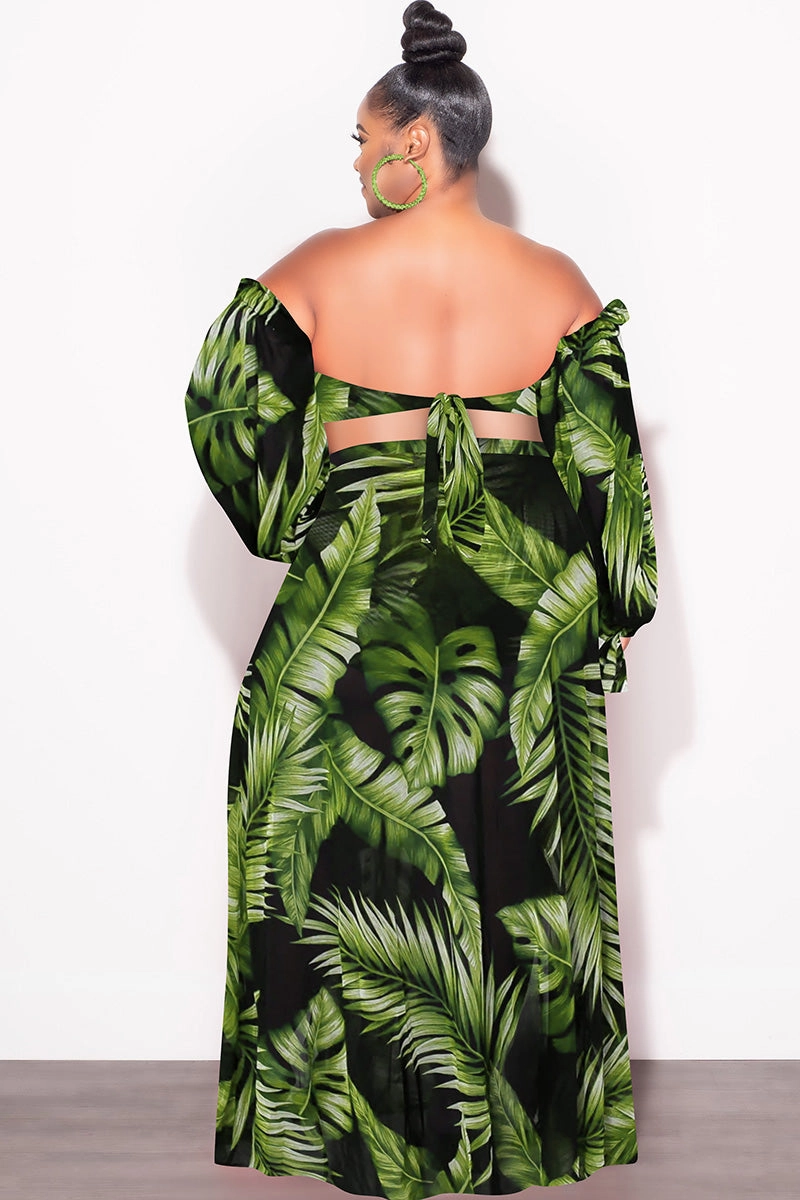 Cozy Touch Final Sale Plus Size 3pc Playsuit Set in Navy with Olive Tropical Palm Print