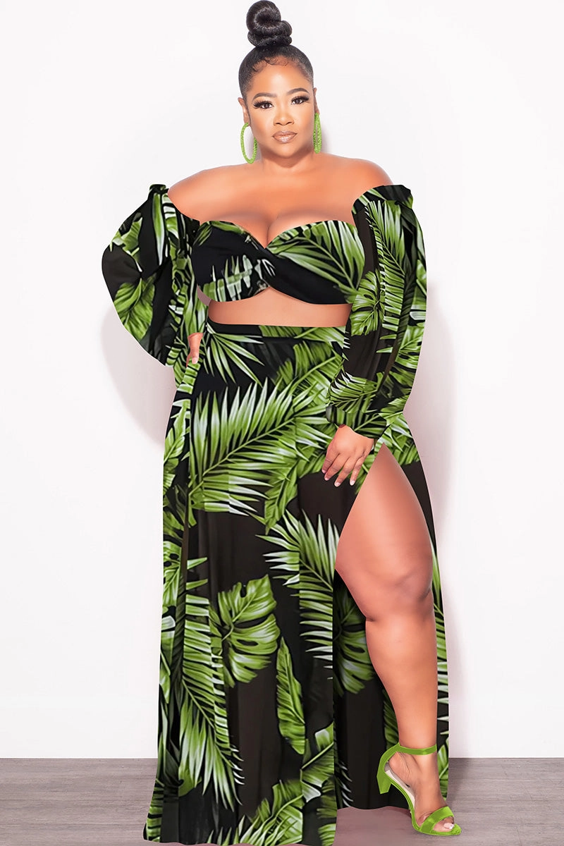 SoftLining Final Sale Plus Size 3pc Playsuit Set in Navy with Olive Tropical Palm Print