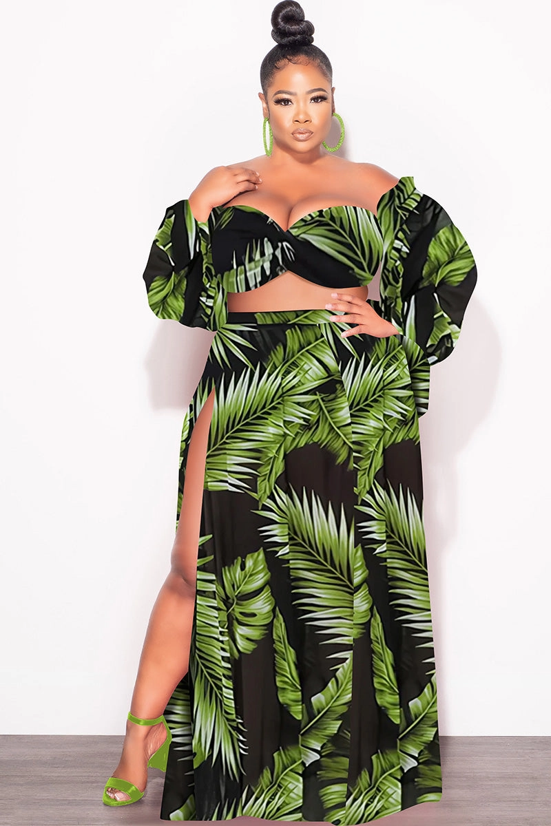 SmoothZipper Timeless Layers Final Sale Plus Size 3pc Playsuit Set in Navy with Olive Tropical Palm Print