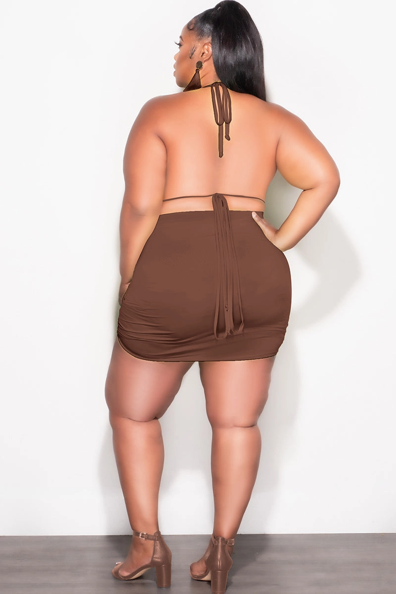 Final Sale Plus Size 3pc Set Bikini Top, Briefs & Ruched Skirt in Brown Summer Core Utility
