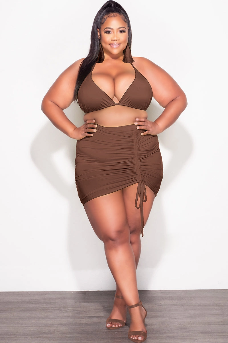 Stay Fresh Stretchable Fabric Final Sale Plus Size 3pc Set Bikini Top, Briefs & Ruched Skirt in Brown Summer