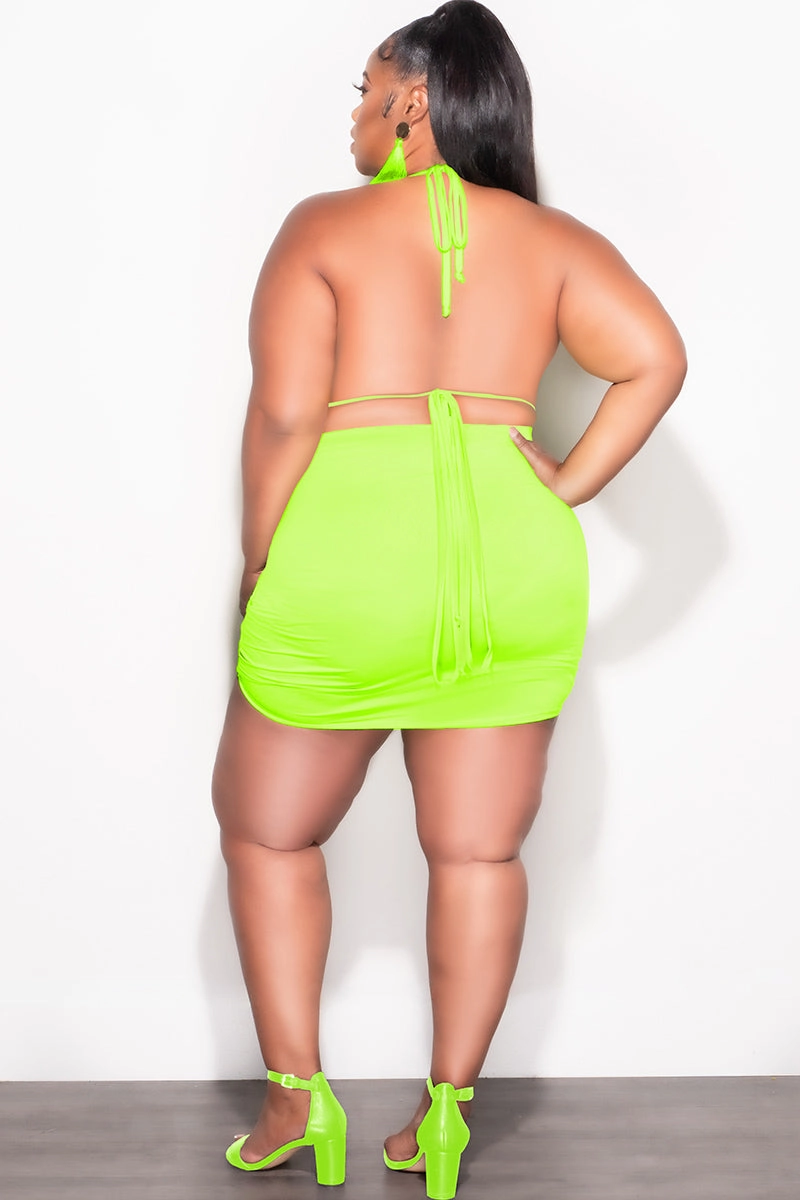 Final Sale Plus Size 3pc Set Bikini Top, Briefs & Ruched Skirt in Neon Green Summer Breathable Motion