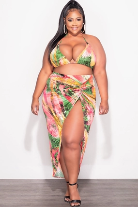 Daily Motion Final Sale Plus Size 3pc Set Bikini Top, Briefs & Skirt in Pink Green and Yellow Print Summer