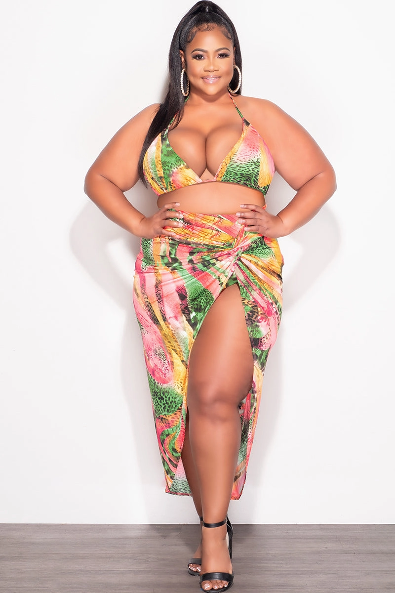 Anti Pilling Finish All Purpose Wear Final Sale Plus Size 3pc Set Bikini Top, Briefs & Skirt in Pink Green and Yellow Print Summer