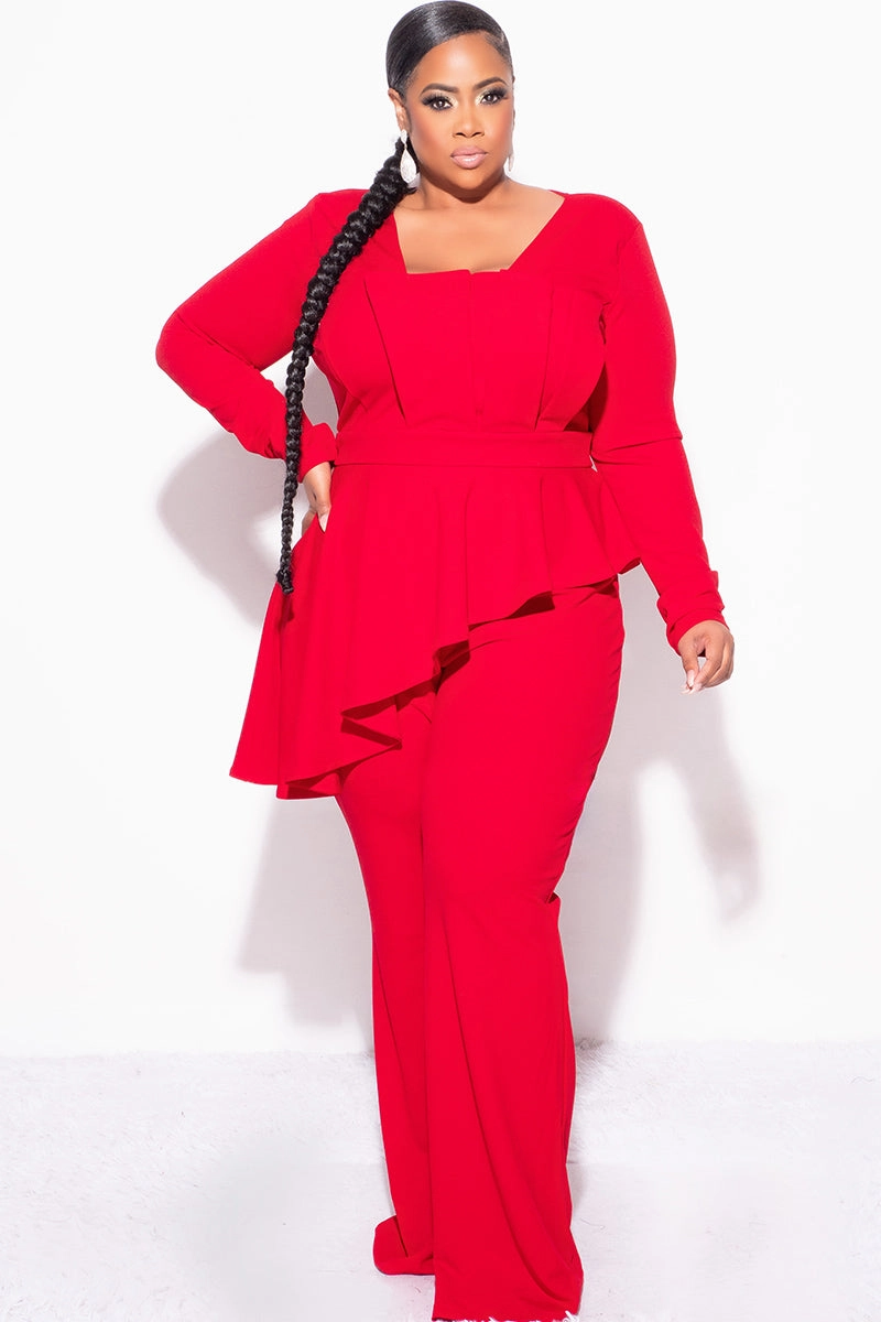 Final Sale Plus Size Asymmetrical Ruffle Peplum Jumpsuit in Red Reinforced Hems