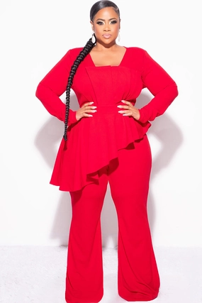Final Sale Plus Size Asymmetrical Ruffle Peplum Jumpsuit in Red LightweightLayeringSystem