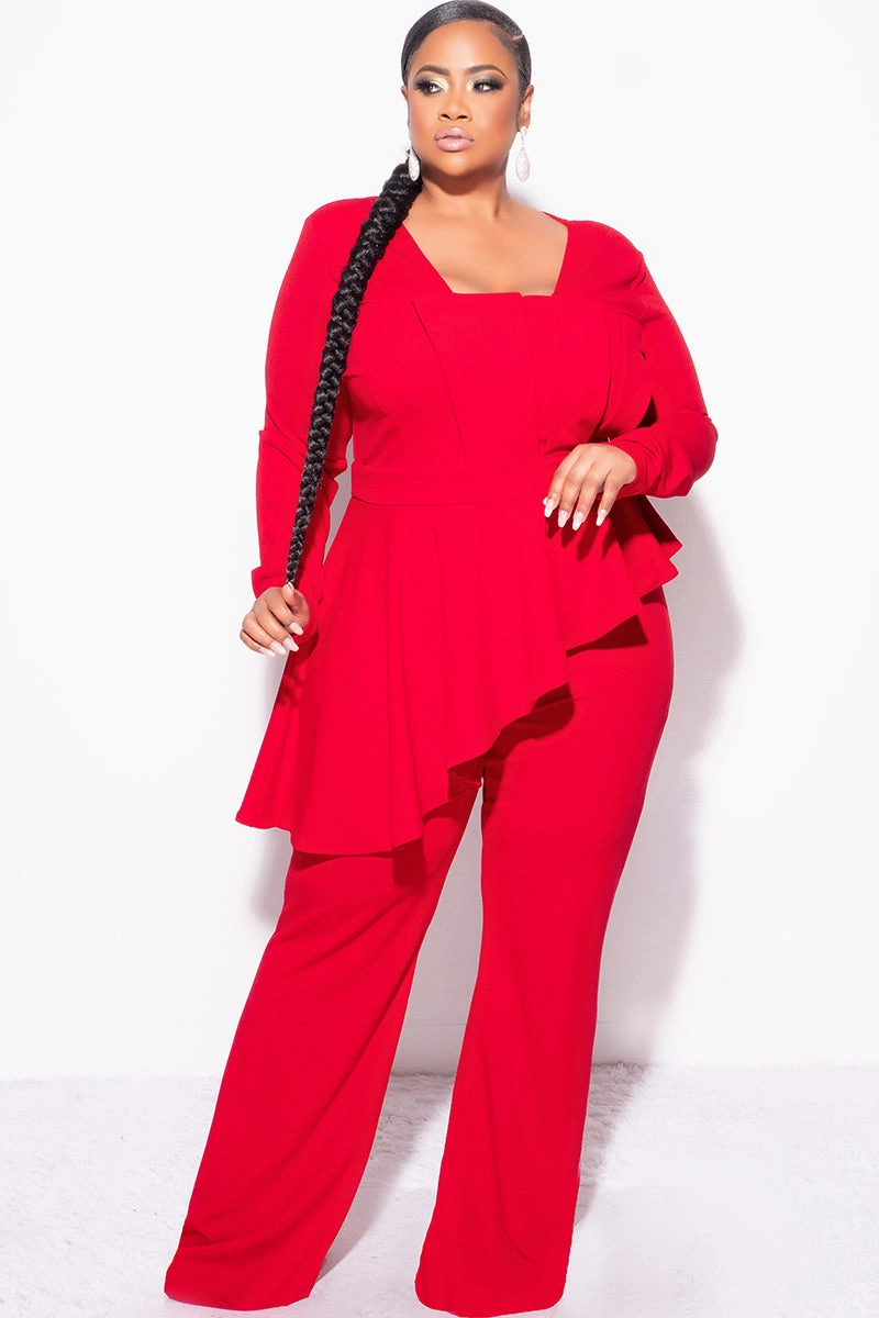 Final Sale Plus Size Asymmetrical Ruffle Peplum Jumpsuit in Red BuiltInLayer Quick Dry Fabric