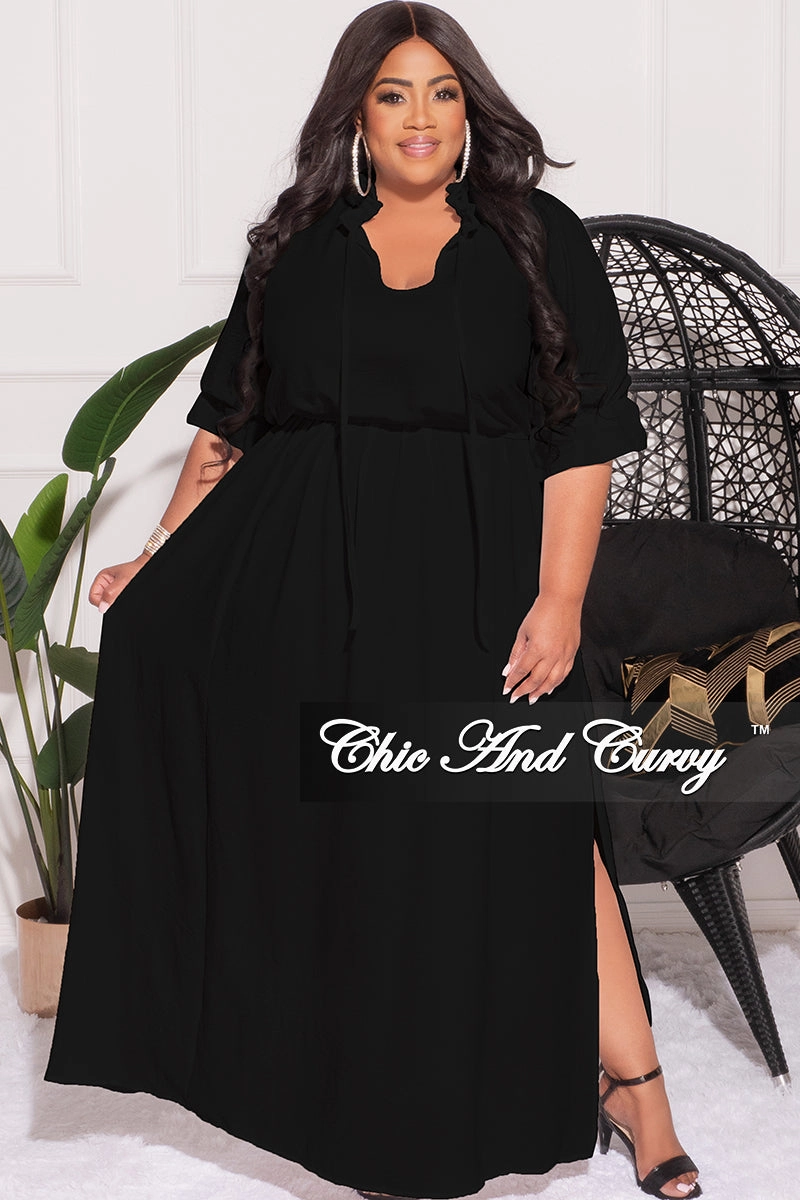 HypoallergenicMaterial Final Sale Plus Size Balloon Sleeve Crop Top and Maxi Skirt Set in Black