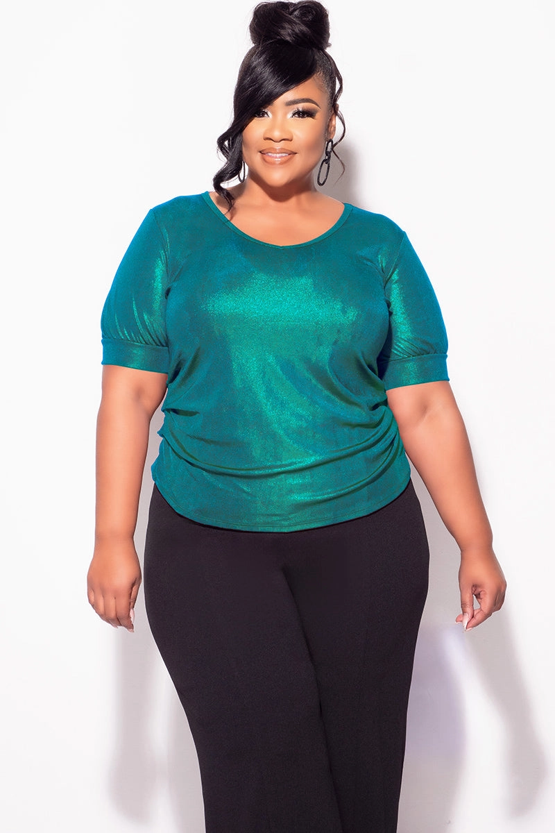 TaglessCollar Final Sale Plus Size Blouse in Metallic Hunter Green