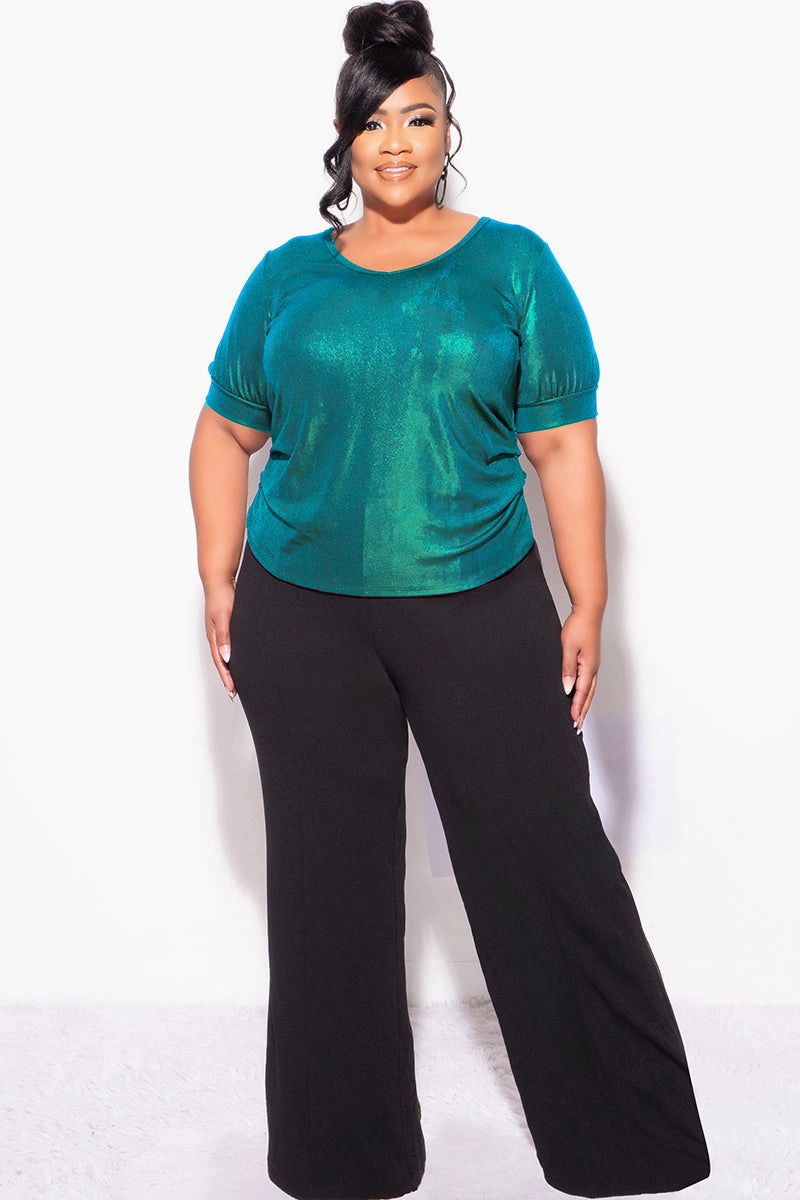 Rolled Hem Detailing Final Sale Plus Size Blouse in Metallic Hunter Green