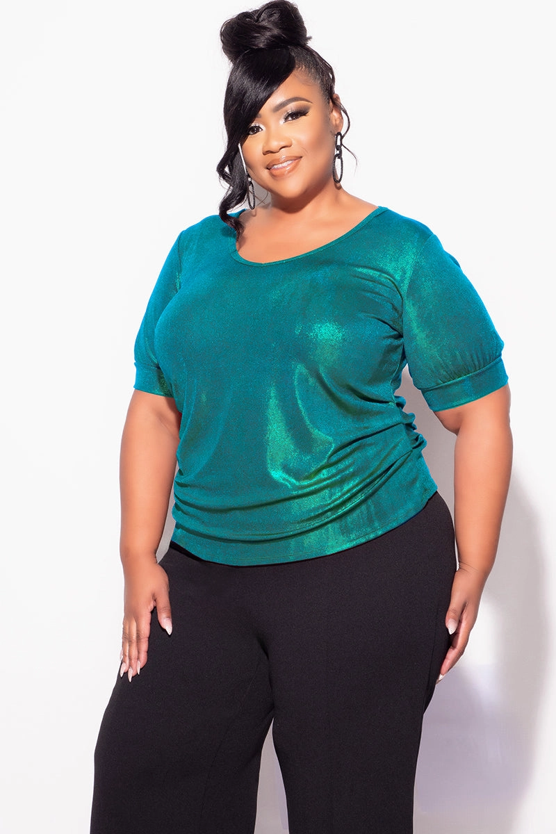 WrinkleResistantTextile High Collar Option Final Sale Plus Size Blouse in Metallic Hunter Green
