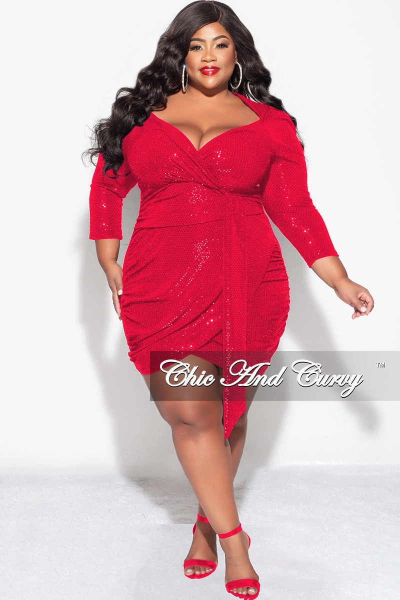 Final Sale Plus Size Bodycon V-Neck Long Sleeve Confetti Dot Knit Sequin Dress in Red BrushedInnerLining Ventilated Back Panels