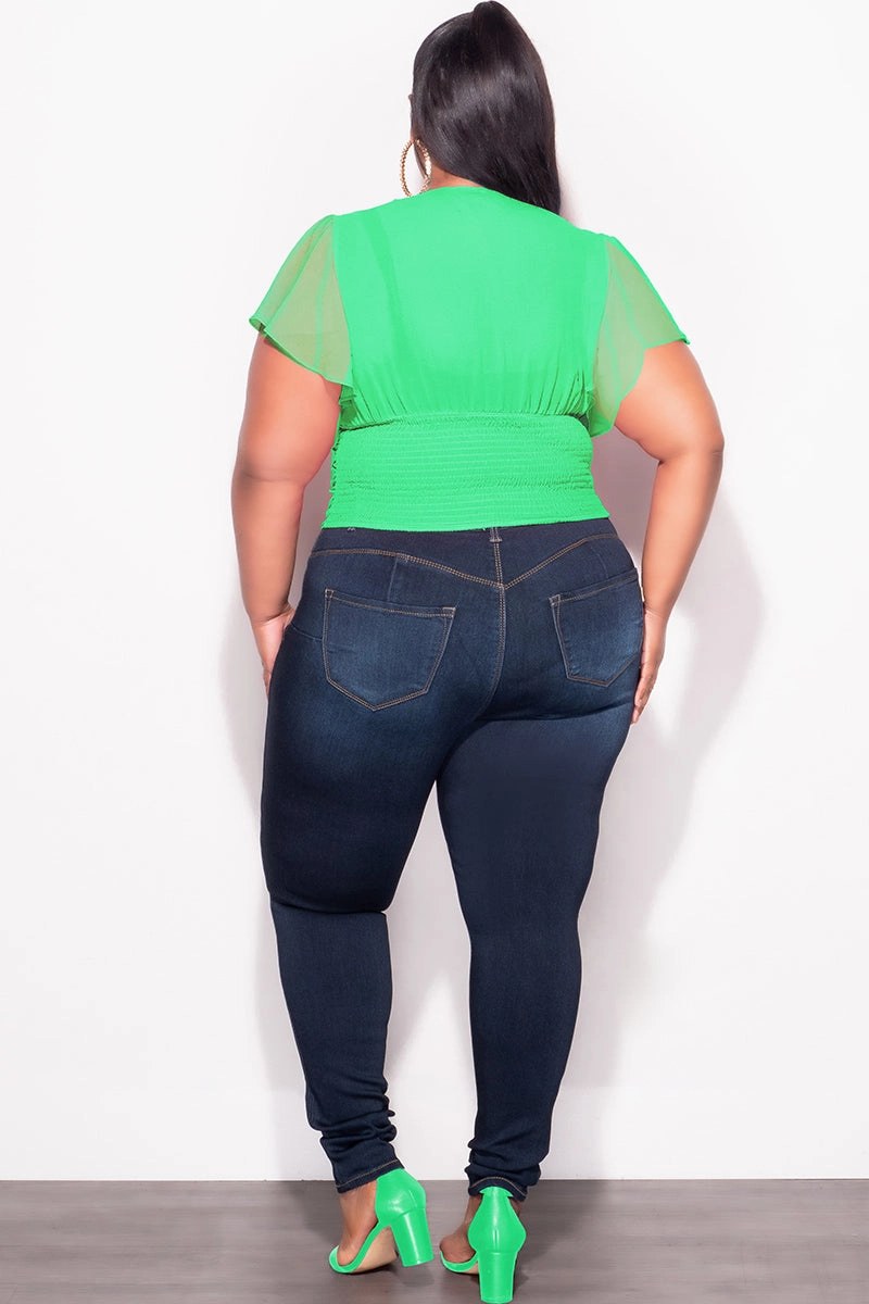 AntiStaticFinish Final Sale Plus Size Chiffon Ruched Corset Blouse with Flutter Sleeves in Green