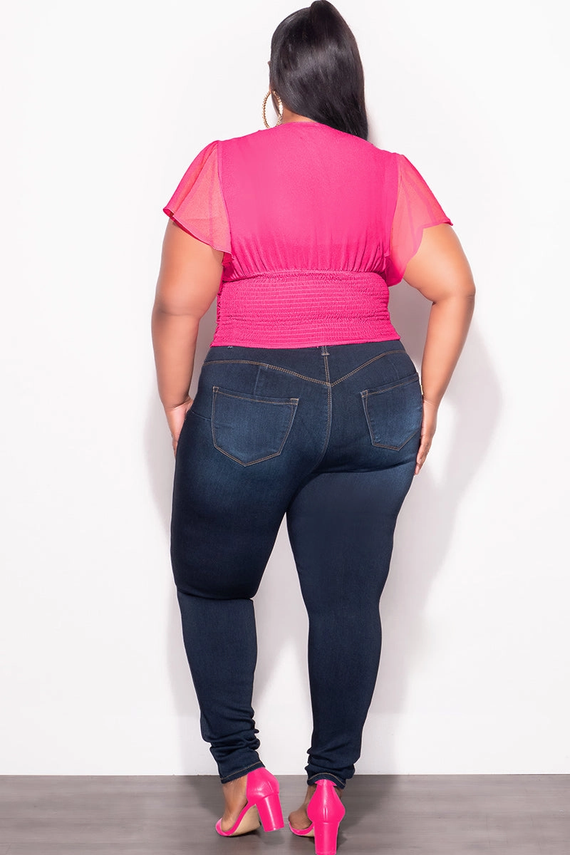 Timeless Comfort Wear Final Sale Plus Size Chiffon Ruched Corset Blouse with Flutter Sleeves in Hot Pink